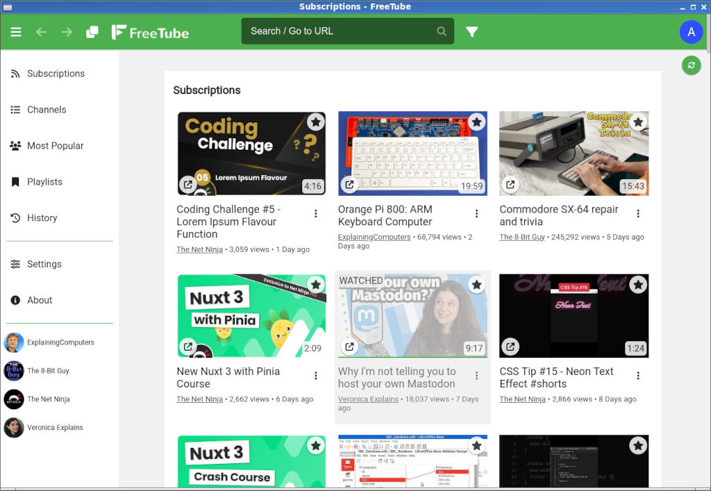 FreeTube - Screenshot of the Linux version